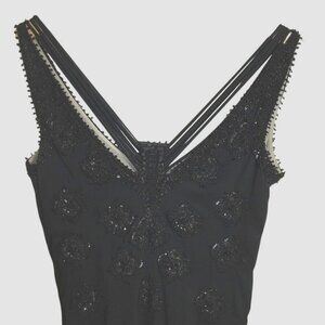 Vintage BADGLEY MISCHKA Triple V Neck Hand Beaded Silk Black Cocktail Dress 8